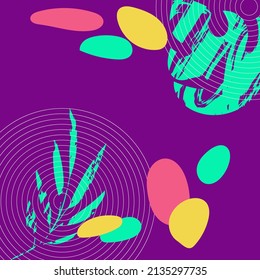 Resumen de diseño de fondo decorativo. Diferentes formas geométricas coloridas con elementos de plantas tropicales, creando una única composición brillante. Los colores primaverales son perfectos para los productos publicitarios, m