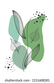 Abstract decorative background poster with leaves, foliage and geometric shapes. Poster for print, cover, wallpaper, minimal and natural wall art in boho style.