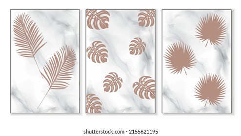 Abstract decorative background poster with palm branches and leaves in boho style on a marble background. Vector poster.