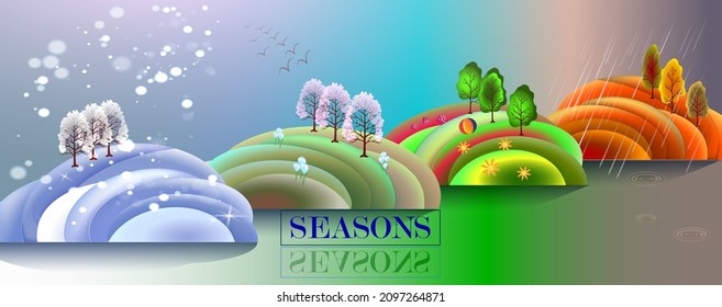 Abstrakter dekorativer Hintergrund Saison. Winter, Frühling, Sommer und Herbst in einer Landschaft

