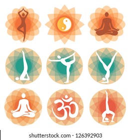 Abstract decorative backgrounds with yoga symbols and positions. Vector illustration.