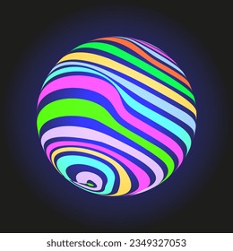 Abstract decorative ball with bright neon stripes on black background. For logo, sticker, design element