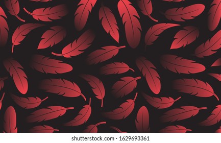 Abstract decorative banner with red feathers on dark background, color gradient. Vector illustration