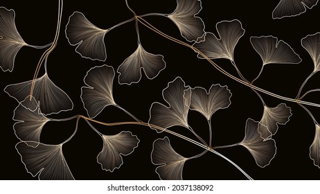 Abstract decorative black banner with golden ginkgo leaves for social media design and packaging.