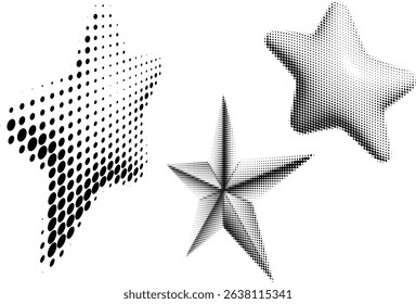 Abstract decorative black halftone stars textures on isolated background. Geometric circular shape elements pattern in a star shape. Fit for poster, collage, or advertising, abstract design element.