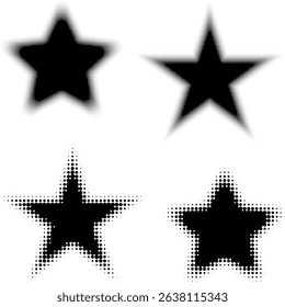 Abstract decorative black halftone stars textures on isolated background. Geometric circular shape elements pattern in a star shape. Fit for poster, collage, or advertising, abstract design element.