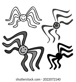 Abstract decorative black and white isolated vector illustration design set of spiders, lined and silhouettes. The design is perfect for textiles, stickers, logos, badges, invitations, cards, tattoos