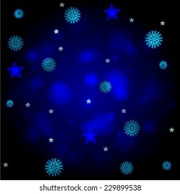 Abstract decorative blue background with luminous shapes, snowflakes and bokeh. 