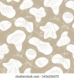 Abstract decorative bohemian style flower seamless pattern. Decorative abstract rustic folk floral repeatable motif for textile, fabric, wrapping paper, surface design. Craft warm gray color rapport. 