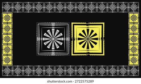 Abstract decorative border design with symmetrical square patterns. Features two central square elements, one in black and white and the other in black and yellow, both containing a radial starburst or test pattern motif. Ideal for backgrounds, frames, or graphic design elements.