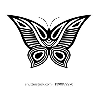 Abstract decorative butterfly illustration, isolated on white background. Tattoo pattern. Vector icon, symbol.