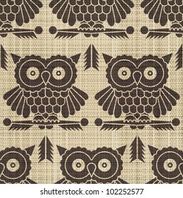 Abstract decorative canvas textured owls print background. Seamless pattern. Vector.