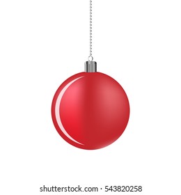 Abstract decorative Christmas ball. Red Christmas ball, hanging on white background. Vector illustration.
