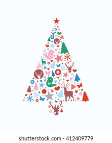 Abstract decorative Christmas tree shape filled with different seasonal icons.