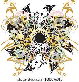 Abstract decorative colorful flower splashes. Grunge twirled flower with golden and floral motives for wallpaper, textile, cards, prints on T-shirts, tattoos, etc.