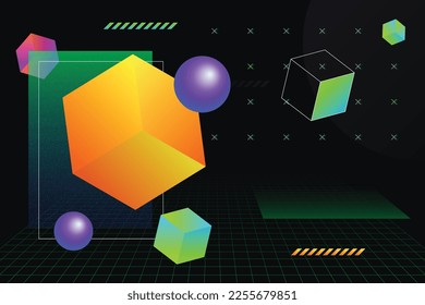 Abstract decorative composition of geometric shapes. Bright liquid gradient isometric cubes and balls 2d vector background illustration in technology and futuristic style