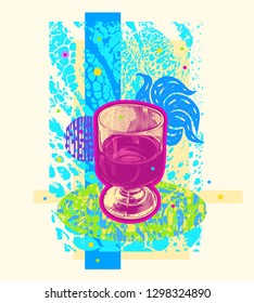 Abstract  decorative design elements collage with alcohol, cocktail, crocodile skin, flower. Hand Drawn Vector illustration.