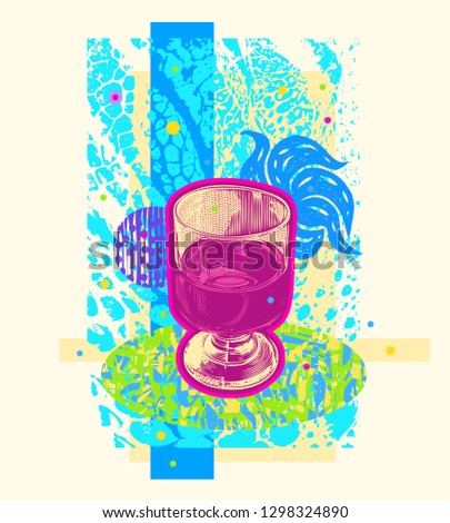 Abstract  decorative design elements collage with alcohol, cocktail, crocodile skin, flower. Hand Drawn Vector illustration.