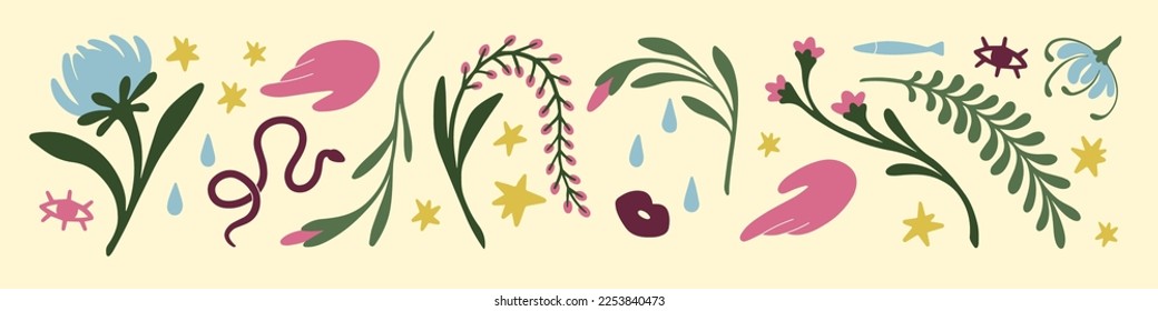 Abstract decorative design elements, flowers, leaf, plant branches set. Modern mystic decorations cliparts. Whimsical esoteric bundle with drops, hands, eyes. Isolated flat vector illustrations