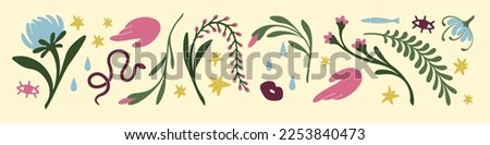 Abstract decorative design elements, flowers, leaf, plant branches set. Modern mystic decorations cliparts. Whimsical esoteric bundle with drops, hands, eyes. Isolated flat vector illustrations ストックフォト © 
