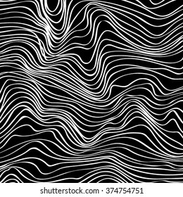 Abstract decorative diagonal crumpled wavy striped textured background. Black and white colors. Vector.