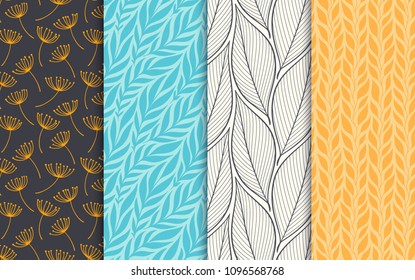 Abstract decorative doodle nature seamless patterns set. Hand drawn linear and silhouette flowers, branches, leaves textures. Simple universal background. Vintage colors. Vector illustration