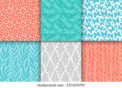 Abstract decorative doodle nature seamless patterns set. Hand drawn silhouette flowers, branches, leaves textures. Simple vector universal background. Vintage feminine colors