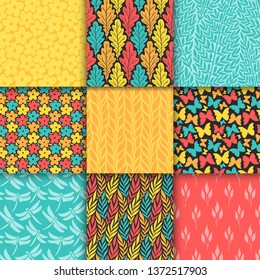 Abstract decorative doodle nature seamless patterns set. Hand drawn silhouette flowers, branches, leaves textures. Simple vector universal background. Vintage feminine colors