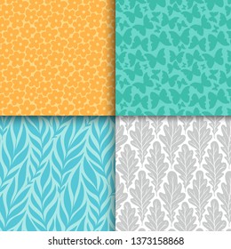 Abstract decorative doodle nature seamless patterns set. Hand drawn silhouette flowers, branches, leaves textures.  