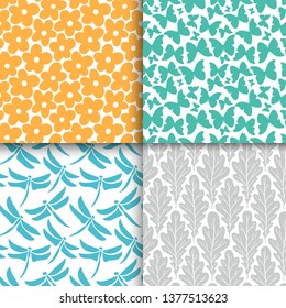 Abstract decorative doodle nature seamless patterns set. Hand drawn silhouette flowers, branches, leaves textures. Simple vector universal background. Vintage feminine colors