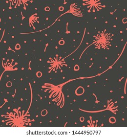 Abstract decorative doodle nature seamless pattern. Hand drawn linear and silhouette flowers, seeds and pollen texture. Simple universal background in trendy colors. 