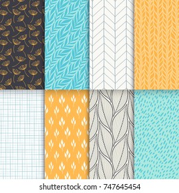Abstract decorative doodle nature seamless patterns set. Hand drawn linear and silhouette flowers, branches, leaves textures. Simple universal background. Vintage colors. Vector illustration