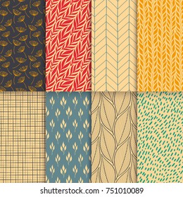 Abstract decorative doodle nature seamless patterns set. Hand drawn linear and silhouette flowers, branches, leaves textures. Simple universal background. Vintage colors. Vector illustration