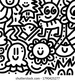 Abstract decorative doodles pattern. Hand-drawn vector black and white Illustration.