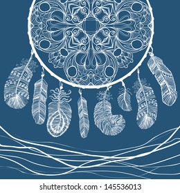 Abstract decorative dream catcher. Vector illustration, mandala. Greeting card  with sea.