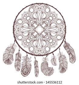 Abstract decorative dream catcher. Vector illustration, mandala, greeting card.