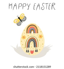 Abstract, decorative egg with rainbow elements, boho style flowers, butterfly and Happy Easter text.
