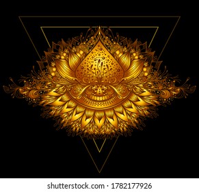 Abstract decorative element in Boho Eastern  Ethnic style  or Mandala  gold on black for decoration T-shirt or  for computer game and other