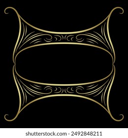 Abstract decorative element or frame in medieval style. Golden glossy linear silhouette on black background.