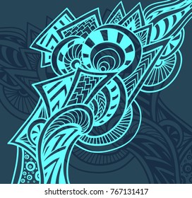 Abstract decorative element in Zen tangle or Zen doodle style blue on dark for decoration package for print on T-Shirt or other things 