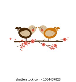 abstract decorative enamored birds sitting on a branch with pink flowers for a wedding invitation