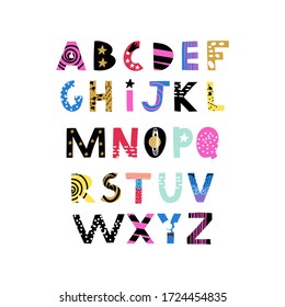 Abstract decorative English alphabet. Space, cute Kids font. Ideal for education, home decor. Vector Illustration can be used for quotes, poster, cards and kids fashion prints. 