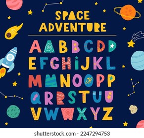 Abstrakt dekoratives englisches Alphabet. Leerraum, süße Kinderschrift. Ideal für Bildung, Inneneinrichtung. Vektorfarbige Illustration im süßen skandinavischen Stil.