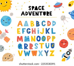 Abstract decorative English alphabet. Space, cute Kids font. Ideal for education, home decor. Vector colorful Illustration in cute scandinavian style.