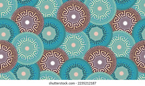 Стоковое векторное изображение: Abstract Decorative Ethnic Round Circles Seamless Pattern Luxury Interior Design Modern Greek Geometrical Background Trendy Fashion Colors Tiffany Blue Tones