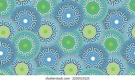 Abstract Decorative Ethnic Round Circles Seamless Pattern Luxury Interior Design Modern Greek Geometrical Background Trendy Fashion Colors Blue Green Tones