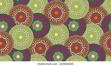 Abstract Decorative Ethnic Round Circles Seamless Pattern Luxury Interior Design Modern Greek Geometrical Background Trendy Fashion Colors Dark Green Orange Fuchsia Tones