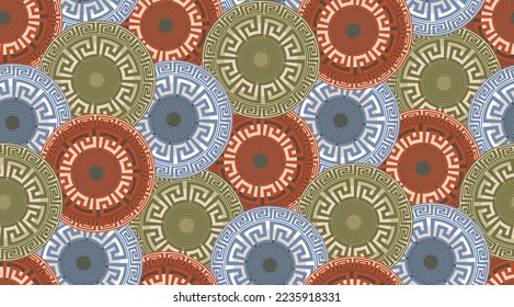 Abstrakte dekorative Ethnic Round Circles Nahtlose Muster Luxus Design Moderne griechische geometrische Hintergrund Trendy Fashion Colors Coral Green Blue Tones