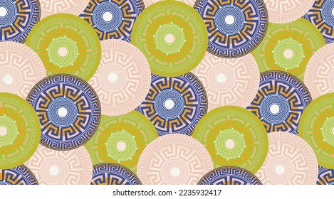 Abstract Decorative Ethnic Round Circles Seamless Pattern Luxury Interior Design Modern Greek Geometrical Background Trendy Fashion Colors Mustard Blue Neon Green Pastel Pink Tones