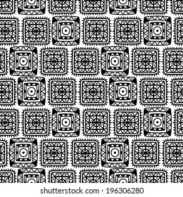 Abstract decorative ethnic seamless pattern in black and white. Aztec monochrome ornament. Tribal art. Lace, folk, geometric background. Circles. Squares. Flowers. Endless print texture - vector 